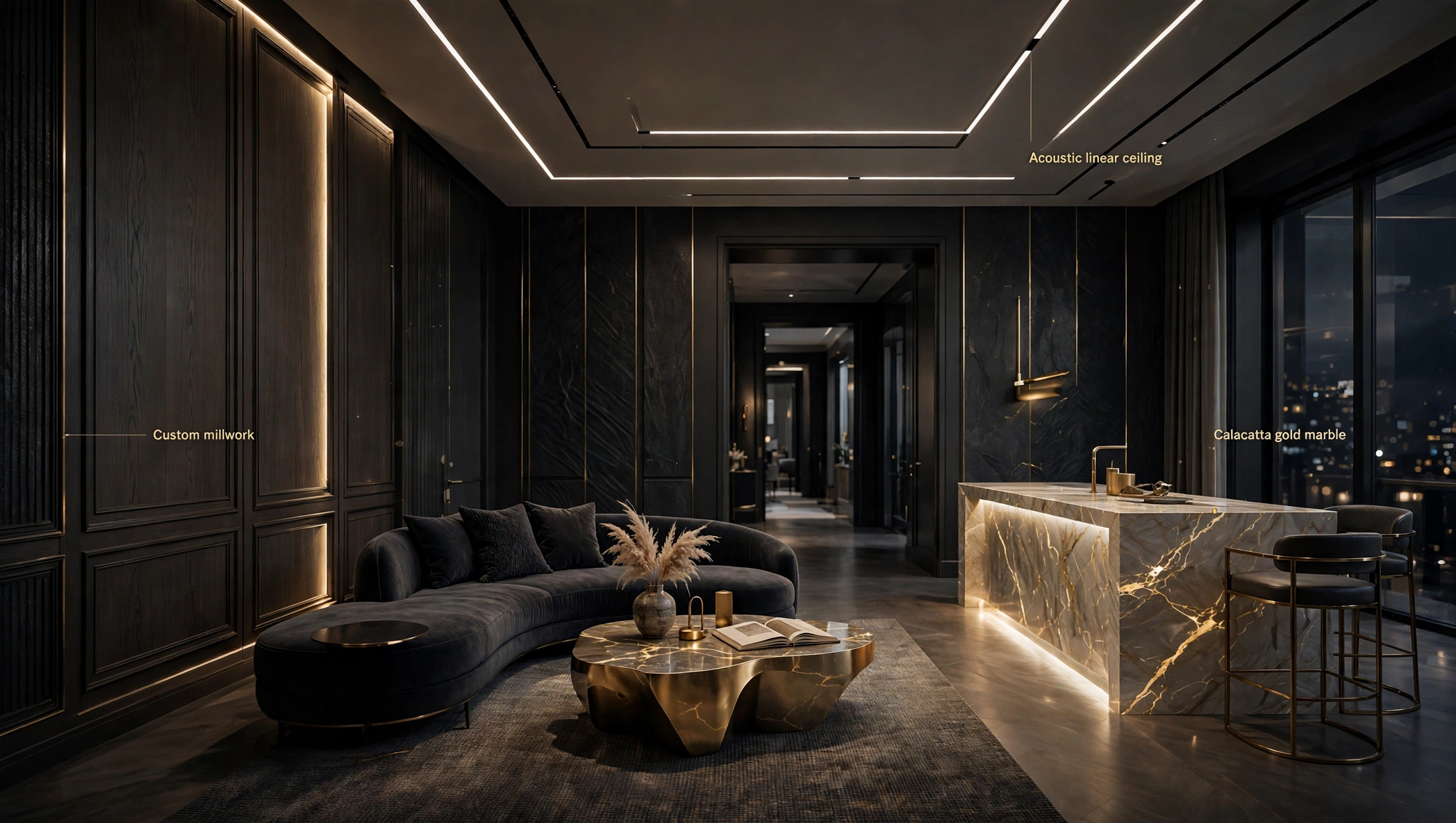 Salon haut de gamme révélé derrière la porte d’entrée