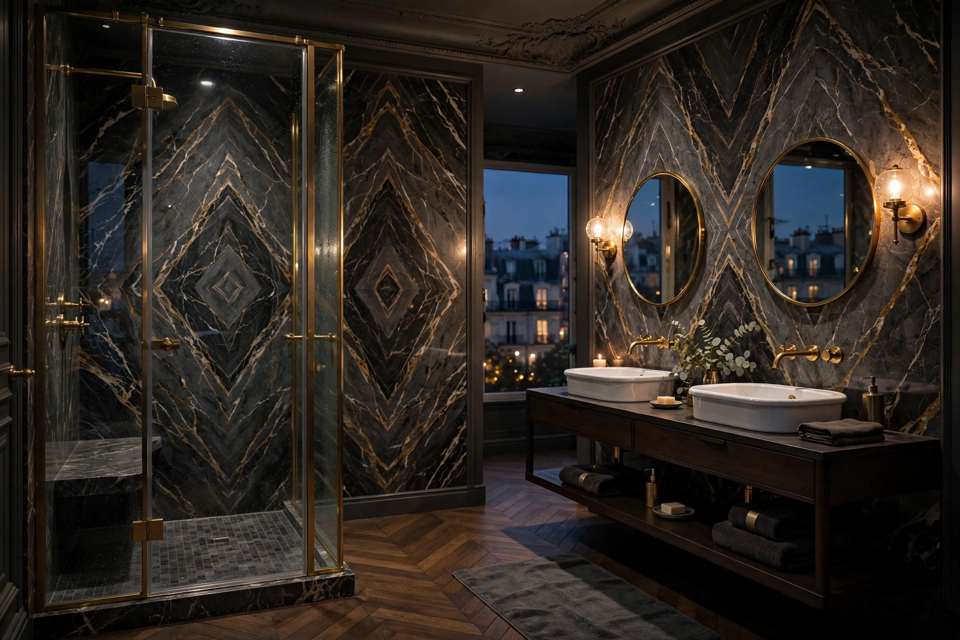 Salle de bain réaliste en pierre claire avec éclairage indirect