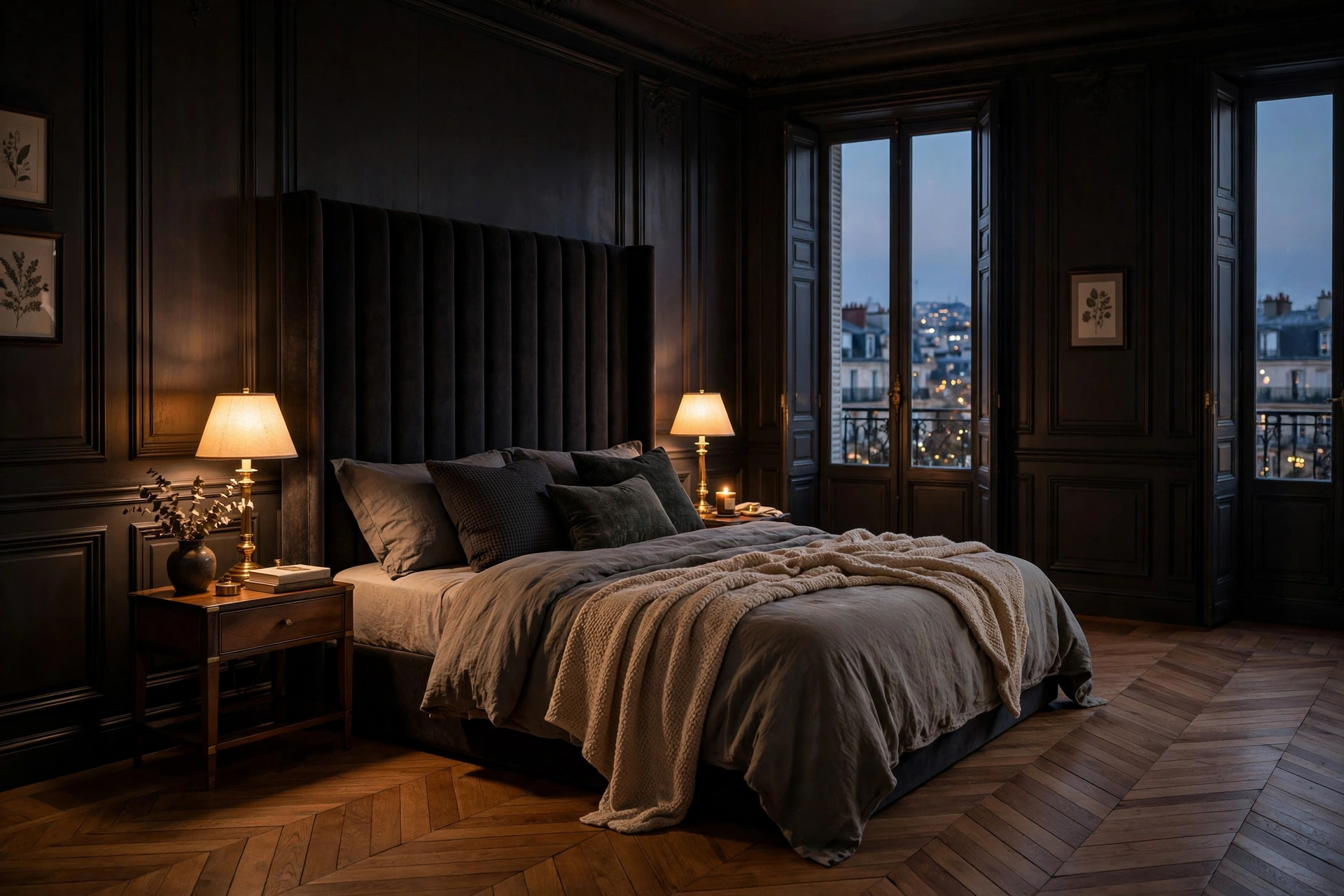 Chambre réaliste aux boiseries foncées, parquet en chevron et lumière douce