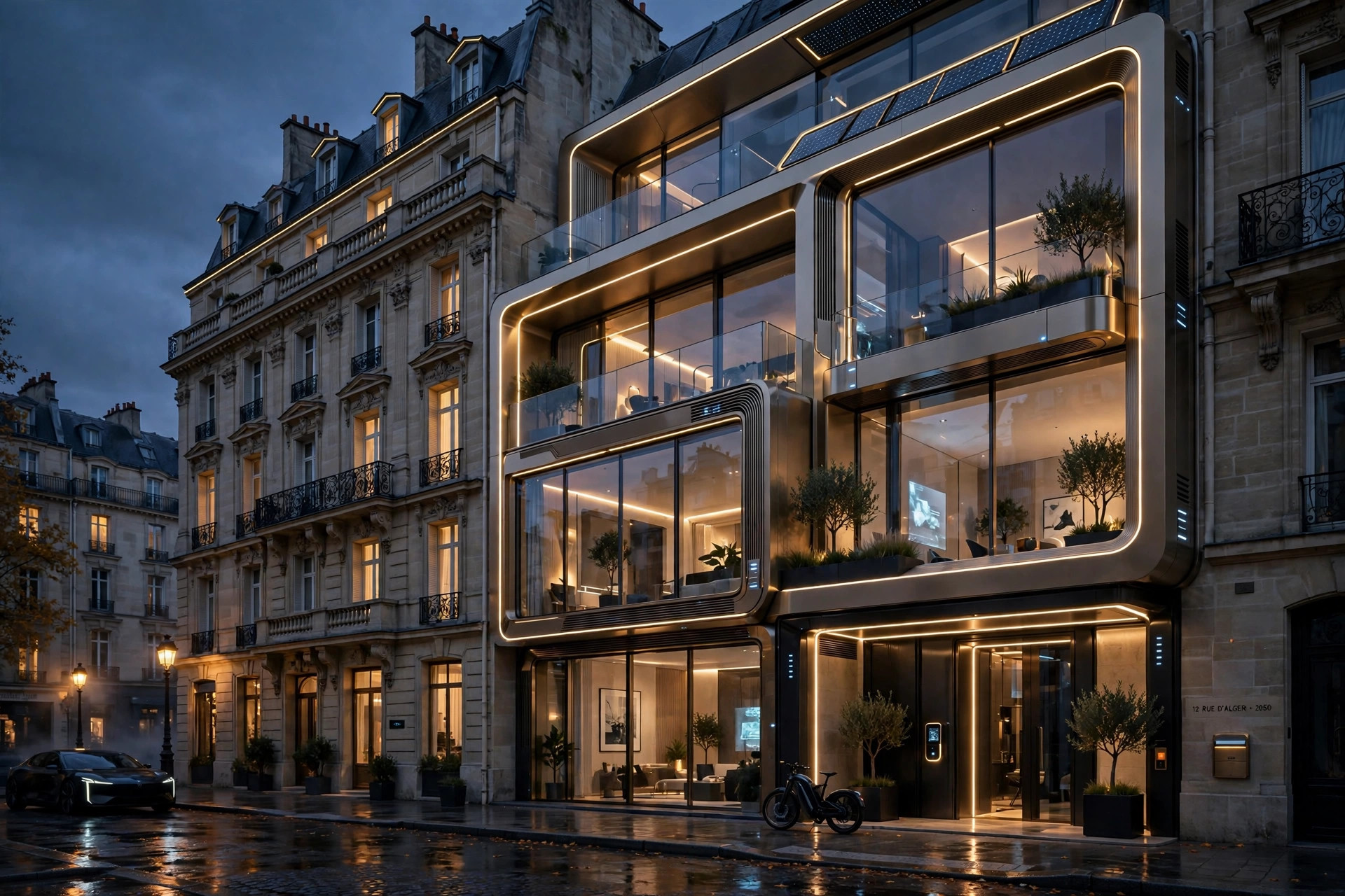 Façade parisienne élégante à la tombée du jour